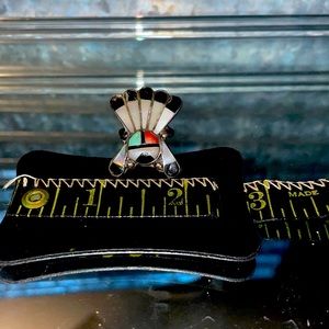 Vintage Zuni silver, Onxy, turquoise, coral& mother of pearl size 5 ring🖤💙🧡🤍